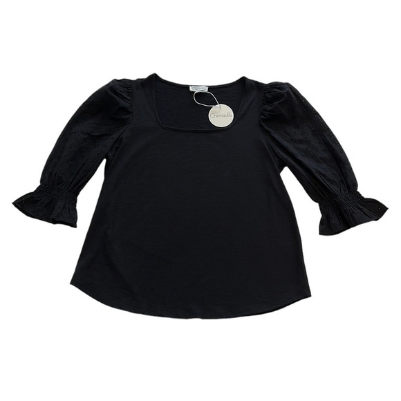 Status By Chenault Black Top With Eyelet 3/4 Length Puff Sleeve - Size Large - Picture 2 of 9